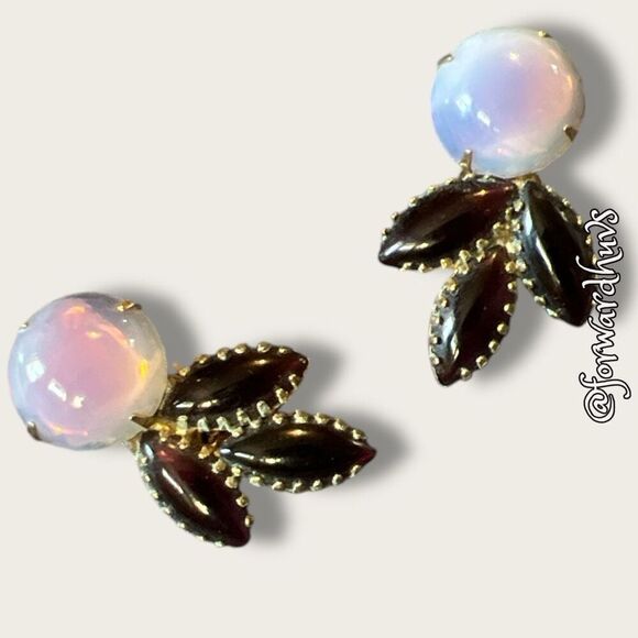 Vintage Opalescent and Ruby Glass Dangle Earrings | Gold-Toned Metal - Picture 6 of 12